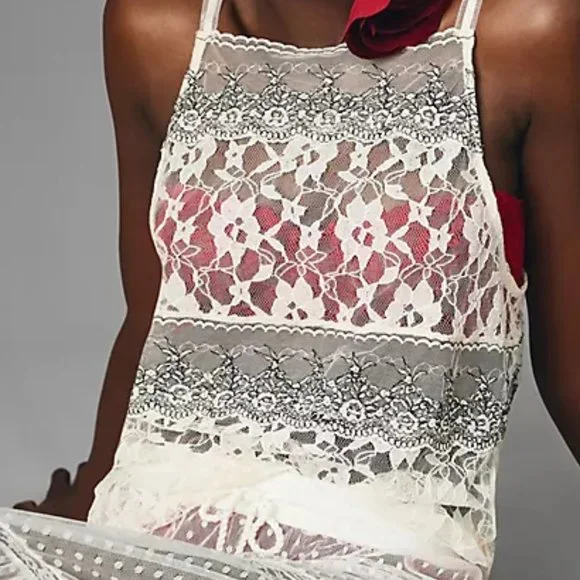 Anthropologie Sheer Mixed Lace Cami In Ivory Size S NWT - Picture 2 of 14